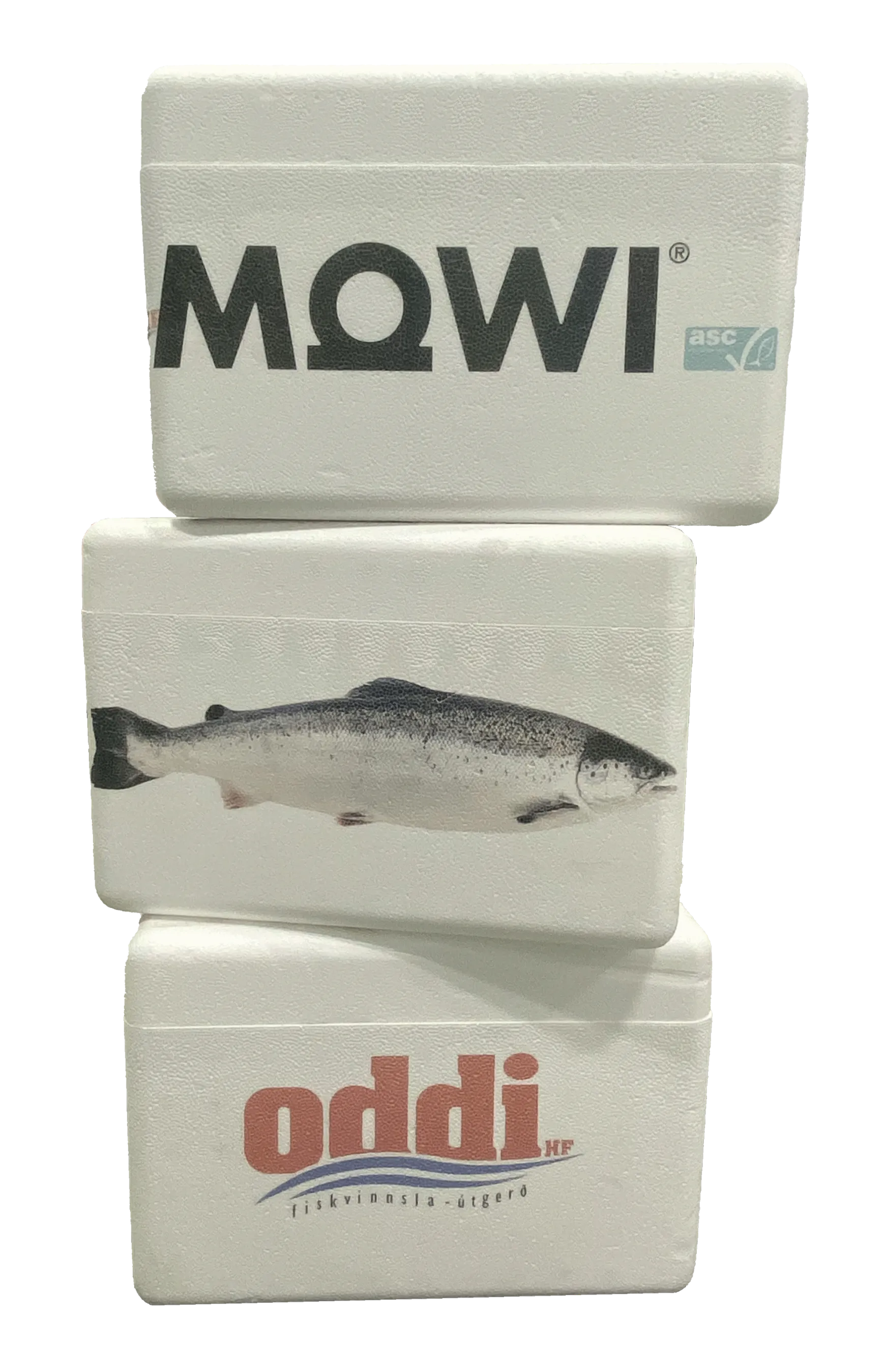 Staplade EPS-lådor med logotyper och fiskmotiv