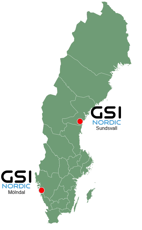 Sverigekarta med GSI Nordic markerat i Mölndal och Sundsvall