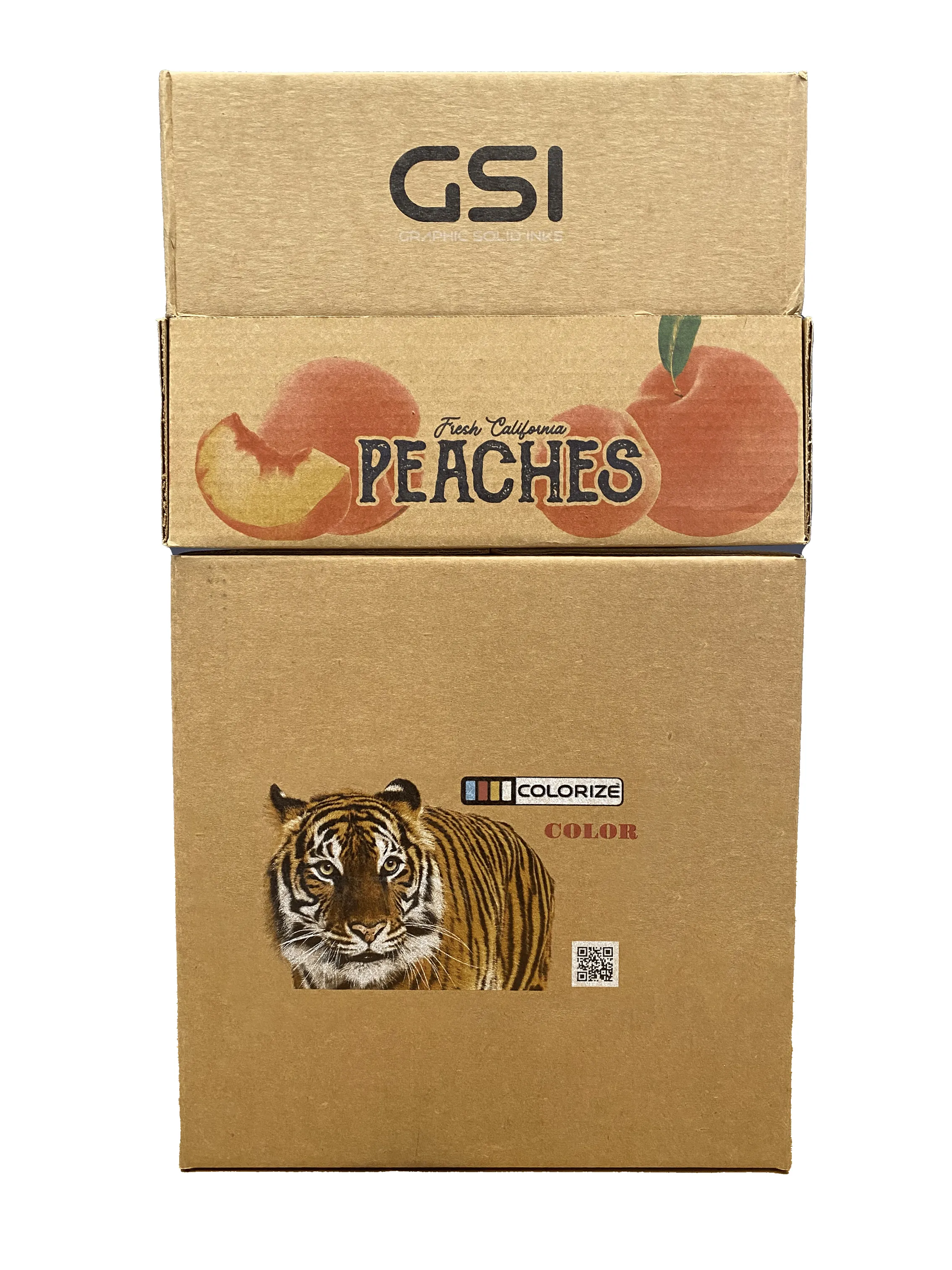 Staplade bruna kartonger med GSI-logotyp, persikor och en tiger i fullfärg