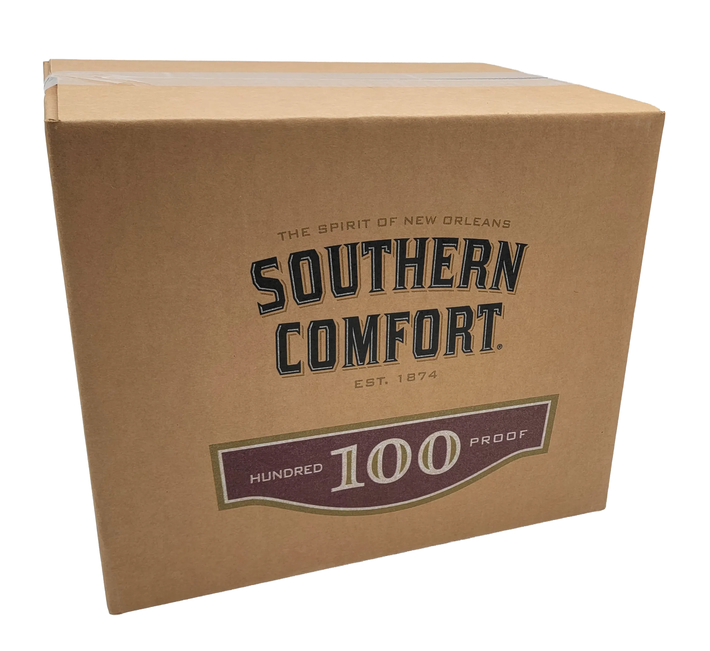 Brun kartong med Southern Comfort-logotyp i flera färger
