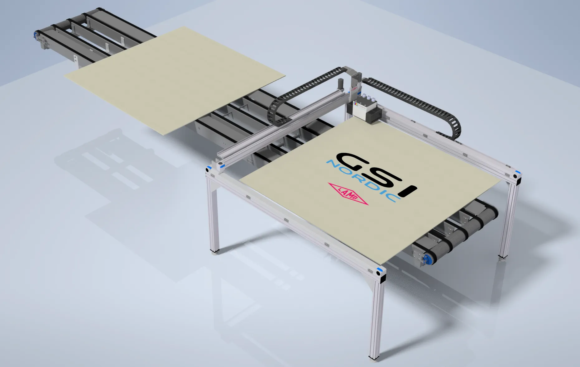 Illustration av ett XY-bord där en skiva märks med GSI-logotyp på väg genom linjen